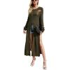 image:imagechouyatou Womens Sexy Long Sleeve Ripped Sweater Elegant Scoop Neck High Slit Maxi Sweater DressDark Green
