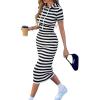 image:imagechouyatou Womens Sexy Short Sleeve Knit Hoodie Dress Pencil Bodycon Striped Midi Sweater Sweatshirt DressBlack White
