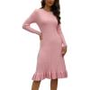 image:imagechouyatou Womens Sexy Stretch Bodycon Sweater Dress Long Sleeve Ruffle Hem Ribbed Knit Midi Long DressPink