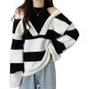 image:imagechouyatou Womens Sexy Y2k Creweck Cold Shoulder Sweater Color Block Striped Knit Pullover Jumper TopsBlack