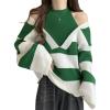 image:imagechouyatou Womens Sexy Y2k Creweck Cold Shoulder Sweater Color Block Striped Knit Pullover Jumper TopsGreen