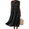 image:imagechouyatou Womens Summer Sleeveless Denim Pleated Midi Long Dress Loose Fit A Line Swing Boho Tank Sun Jean DressBlack