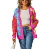 image:imagechouyatou Womens Y2k Color Block Floral Print Cardigans Open Front Knit Sweater Cardigan Jacket CoatRose Red