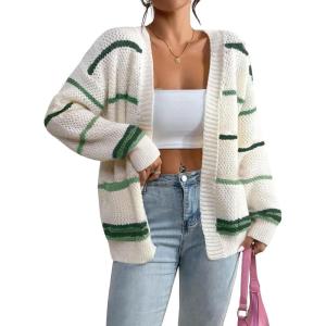 image:imagechouyatou Women Fall Lightweight Cardigan Sweater Open Front Casual Oversized Cardigan TopGreen