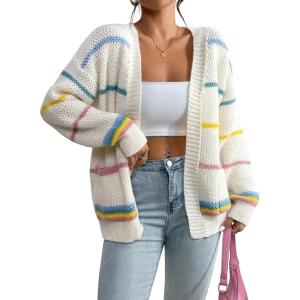image:imagechouyatou Women Fall Lightweight Cardigan Sweater Open Front Casual Oversized Cardigan TopRainbow