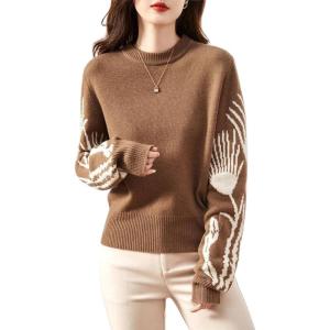 image:imagechouyatou Women Fall Winter Crewneck Sweater Pullover Casual Geometric Floral Pattern Sweater Jumper TopBrown