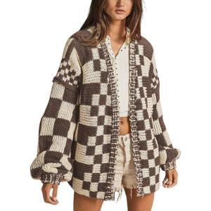 image:imagechouyatou Womens 2025 Fall Contrast Color Plaid Cardigan Sweaters Gingham Open Front Chunky Knit Cardigan JacketCoffee