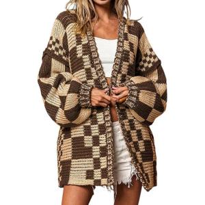 image:imagechouyatou Womens 2025 Fall Contrast Color Plaid Cardigan Sweaters Gingham Open Front Chunky Knit Cardigan JacketDark Coffee