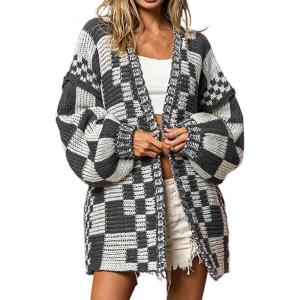 image:imagechouyatou Womens 2025 Fall Contrast Color Plaid Cardigan Sweaters Gingham Open Front Chunky Knit Cardigan JacketDark Grey