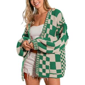 image:imagechouyatou Womens 2025 Fall Contrast Color Plaid Cardigan Sweaters Gingham Open Front Chunky Knit Cardigan JacketGreen