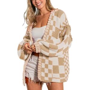 image:imagechouyatou Womens 2025 Fall Contrast Color Plaid Cardigan Sweaters Gingham Open Front Chunky Knit Cardigan JacketKhaki