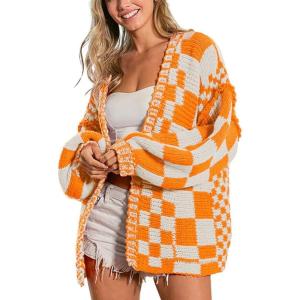 image:imagechouyatou Womens 2025 Fall Contrast Color Plaid Cardigan Sweaters Gingham Open Front Chunky Knit Cardigan JacketOrange