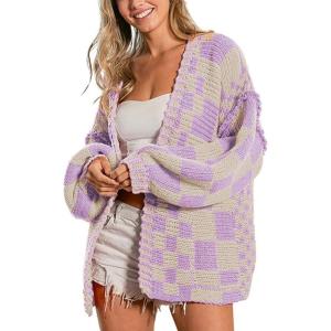 image:imagechouyatou Womens 2025 Fall Contrast Color Plaid Cardigan Sweaters Gingham Open Front Chunky Knit Cardigan JacketPurple