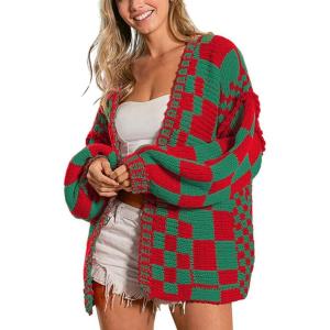 image:imagechouyatou Womens 2025 Fall Contrast Color Plaid Cardigan Sweaters Gingham Open Front Chunky Knit Cardigan JacketRed Green