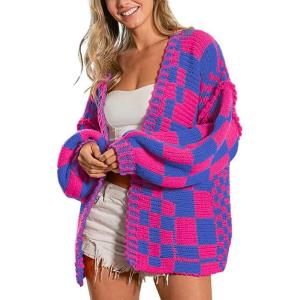 image:imagechouyatou Womens 2025 Fall Contrast Color Plaid Cardigan Sweaters Gingham Open Front Chunky Knit Cardigan JacketRose Pink