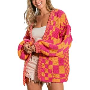 image:imagechouyatou Womens 2025 Fall Contrast Color Plaid Cardigan Sweaters Gingham Open Front Chunky Knit Cardigan JacketRose Red