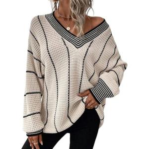 image:imagechouyatou Womens 2025 Fall Striped Pullover Sweater Loose Fit VNeck Knitted Winter Sweater Jumper TopsBeige