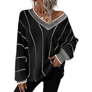 image:imagechouyatou Womens 2025 Fall Striped Pullover Sweater Loose Fit VNeck Knitted Winter Sweater Jumper TopsBlack