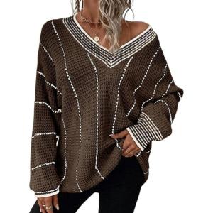 image:imagechouyatou Womens 2025 Fall Striped Pullover Sweater Loose Fit VNeck Knitted Winter Sweater Jumper TopsCoffee
