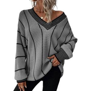 image:imagechouyatou Womens 2025 Fall Striped Pullover Sweater Loose Fit VNeck Knitted Winter Sweater Jumper TopsGrey