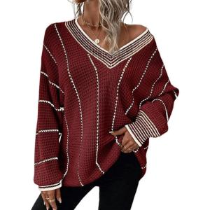 image:imagechouyatou Womens 2025 Fall Striped Pullover Sweater Loose Fit VNeck Knitted Winter Sweater Jumper TopsRed