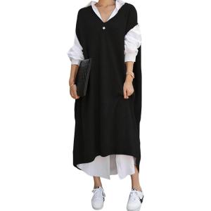image:imagechouyatou Womens 2025 Sleeveless Midi Long Knitted Sweater Dress Casual Loose VNeck Sweater Vest DressBlack