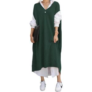 image:imagechouyatou Womens 2025 Sleeveless Midi Long Knitted Sweater Dress Casual Loose VNeck Sweater Vest DressGreen