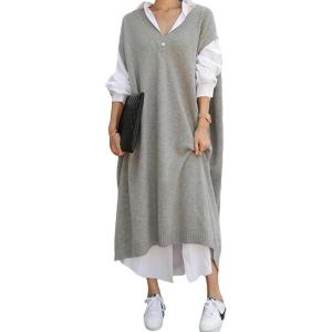 image:imagechouyatou Womens 2025 Sleeveless Midi Long Knitted Sweater Dress Casual Loose VNeck Sweater Vest DressGrey