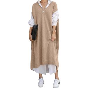image:imagechouyatou Womens 2025 Sleeveless Midi Long Knitted Sweater Dress Casual Loose VNeck Sweater Vest DressKhaki