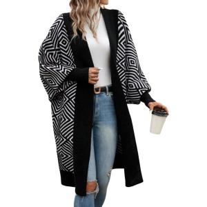 image:imagechouyatou Womens 2025 Trendy Argyle Striped Knit Cardigan Open Front Bishop Sleeve Mid Long Sweater CoatBlack
