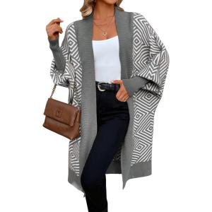 image:imagechouyatou Womens 2025 Trendy Argyle Striped Knit Cardigan Open Front Bishop Sleeve Mid Long Sweater CoatGrey