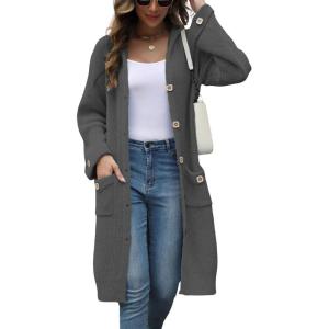 image:imagechouyatou Womens Button Down Hooded Long Cardigan Sweaters 2025 Fall Trendy Hoodie Sweater Outwear CoatBlack