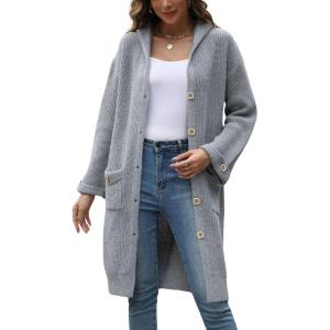 image:imagechouyatou Womens Button Down Hooded Long Cardigan Sweaters 2025 Fall Trendy Hoodie Sweater Outwear CoatGray