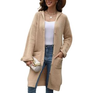 image:imagechouyatou Womens Button Down Hooded Long Cardigan Sweaters 2025 Fall Trendy Hoodie Sweater Outwear CoatKhaki