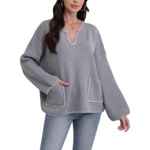 image:imagechouyatou Womens Casual Contrast Color Striped Pullover Tunic Sweater Knit Oversized Sweater with PocketGrey