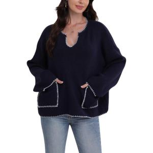 image:imagechouyatou Womens Casual Contrast Color Striped Pullover Tunic Sweater Knit Oversized Sweater with PocketNavy Blue