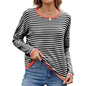 image:imagechouyatou Womens Casual Striped Crewneck Sweaters 2025 Color Block Long Sleeve Knitted Sweater TopsBlack