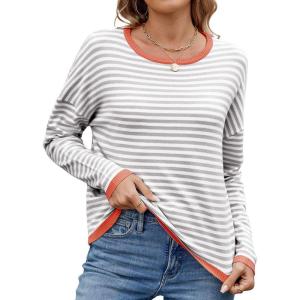image:imagechouyatou Womens Casual Striped Crewneck Sweaters 2025 Color Block Long Sleeve Knitted Sweater TopsGray