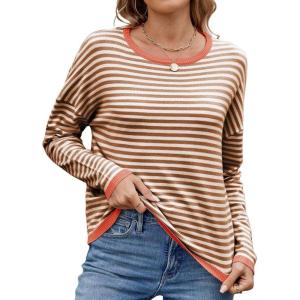 image:imagechouyatou Womens Casual Striped Crewneck Sweaters 2025 Color Block Long Sleeve Knitted Sweater TopsKhaki