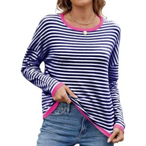 image:imagechouyatou Womens Casual Striped Crewneck Sweaters 2025 Color Block Long Sleeve Knitted Sweater TopsNavy