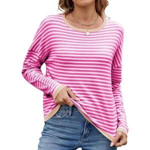 image:imagechouyatou Womens Casual Striped Crewneck Sweaters 2025 Color Block Long Sleeve Knitted Sweater TopsRose Khaki