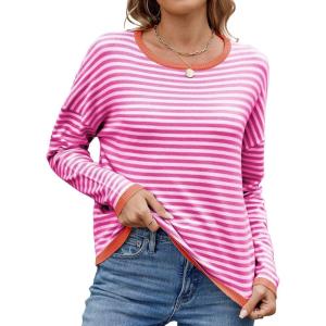 image:imagechouyatou Womens Casual Striped Crewneck Sweaters 2025 Color Block Long Sleeve Knitted Sweater TopsRose Orange