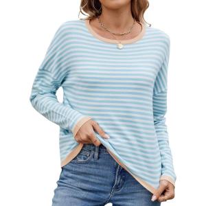 image:imagechouyatou Womens Casual Striped Crewneck Sweaters 2025 Color Block Long Sleeve Knitted Sweater TopsSky Blue