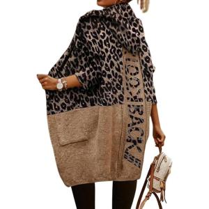 image:imagechouyatou Womens Color Block Leopard Print Open Front Hooded Long Knit Cardigan Sweaters with PocketsBrown
