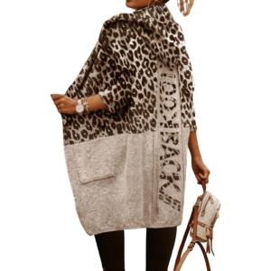image:imagechouyatou Womens Color Block Leopard Print Open Front Hooded Long Knit Cardigan Sweaters with PocketsLight Gray
