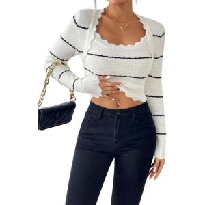 image:imagechouyatou Womens Color Block Striped Cropped Sweater Long Sleeve Scalloped Pullover Knit Jumper TopsBeige White
