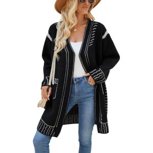 image:imagechouyatou Womens Color Block Vertical Striped Open Front Y2k Graffiti Print Fake Pocket Long Cardigan SweaterBlack