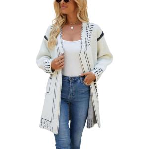 image:imagechouyatou Womens Color Block Vertical Striped Open Front Y2k Graffiti Print Fake Pocket Long Cardigan SweaterWhite