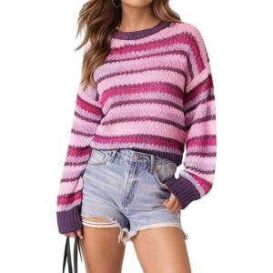 image:imagechouyatou Womens Contrast Color Striped Pullover Sweater Crewneck Chunky Knit Jumper Tops 2025 Fall OutfitsPurple