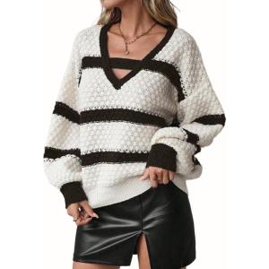 image:imagechouyatou Womens Contrast Color Striped Sweater Sexy VNeck Lantern Sleeve Pullover Jumper TopsDark Coffee